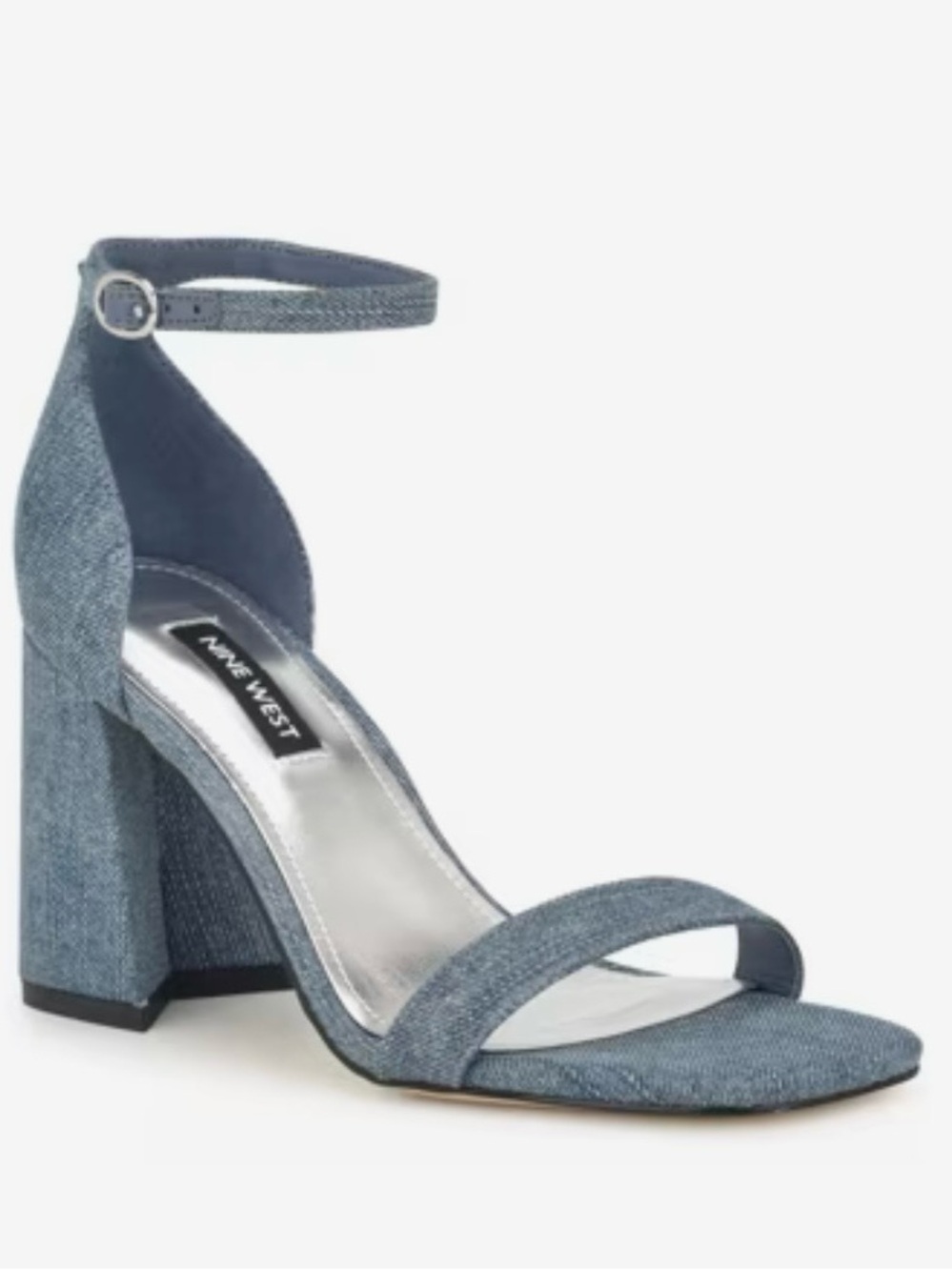 Nine West Denim-Textured Ankle-Strap Block Heel Sandal in Blue